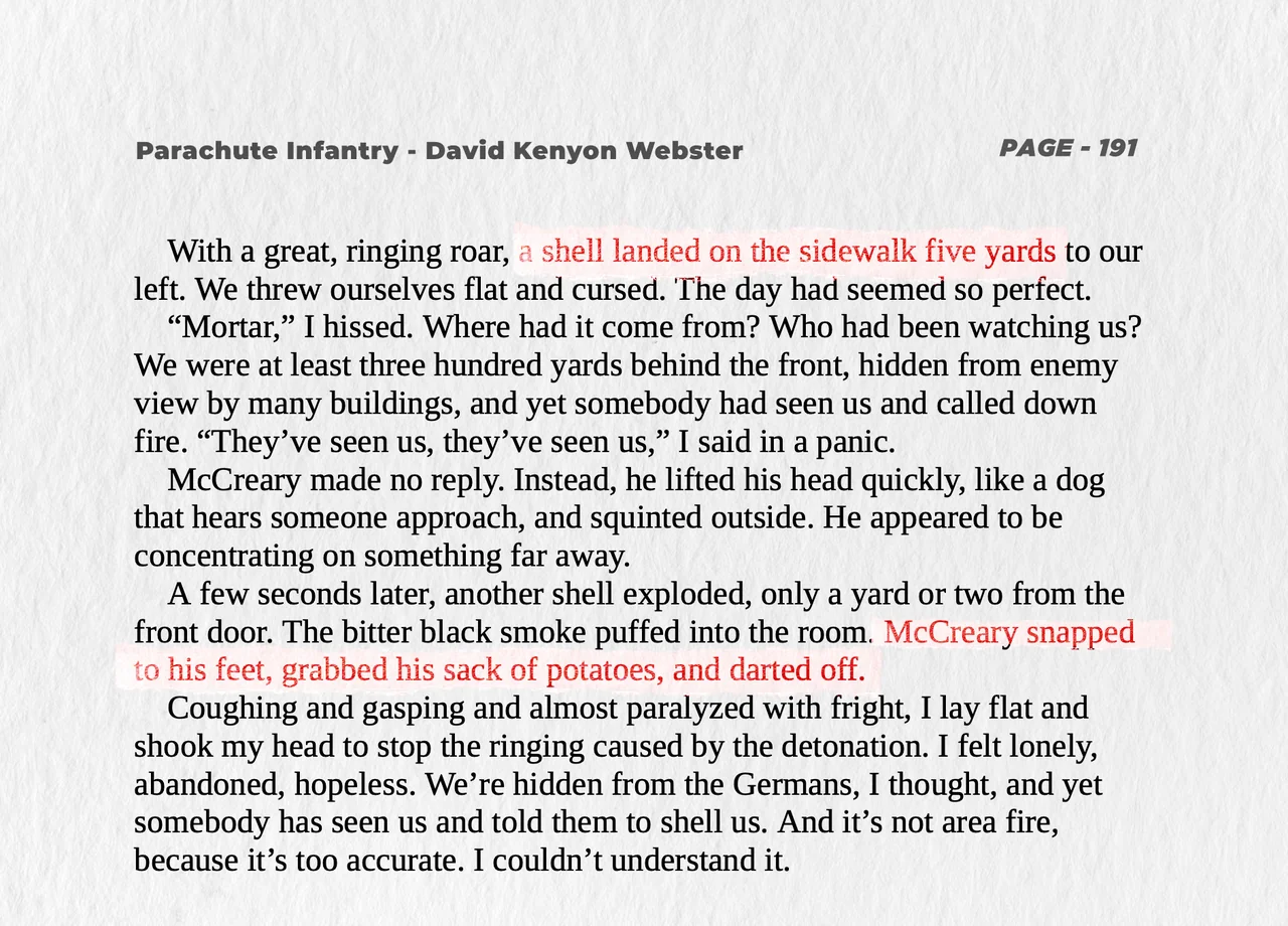 Highlighted page 191 of Webster’s Parachute Infantry showing the potato-scroungers survive the shelling