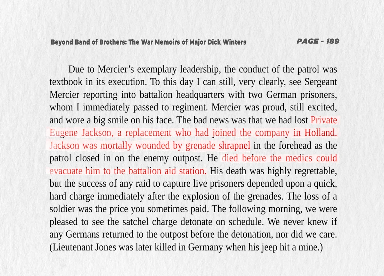 Highlighted page 189 of Winters’s Beyond Band of Brothers showing Eugene Jackson killed by a grenade
